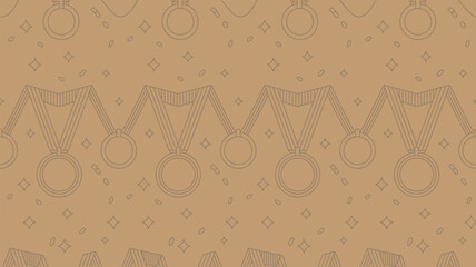 A repeating pattern of medals with ribbons and small stars on a light brown background design element