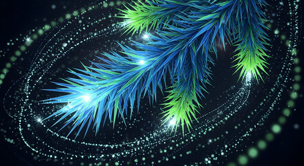 Fototapeta premium Festive spruce branch with glittering particles creating a magical winter atmosphere