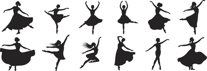 Ballet dancer silhouette illustrations, classical dance poses, black and white clipart, graceful movement, performance icons, vector bundle set © Creative Artist