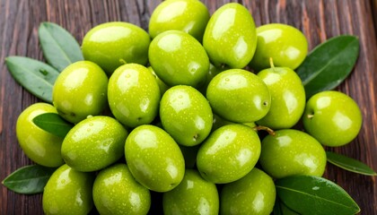 Fresh green olives clustered on a dark wooden surface with leaves