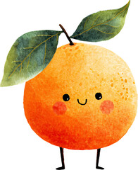 Cheerful Kawaii Orange Fruit Character with Leaves Smiling and Standing