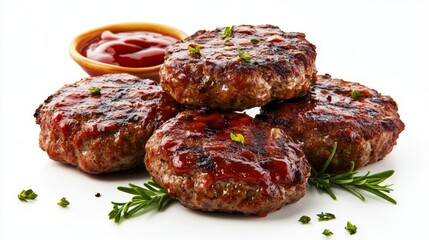 Obraz premium Grilled Charbroiled Meat Patties on a Gourmet Plate with Fresh Herbs and Colorful Vegetable Garnish