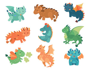 Colorful fairytale dragons. Characters for kids activity books. 