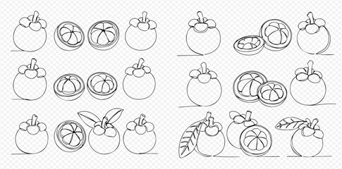 A collection of minimalist continuous line art illustrations depicting whole and cut mangosteen fruits, some with leaves, on a transparent background.