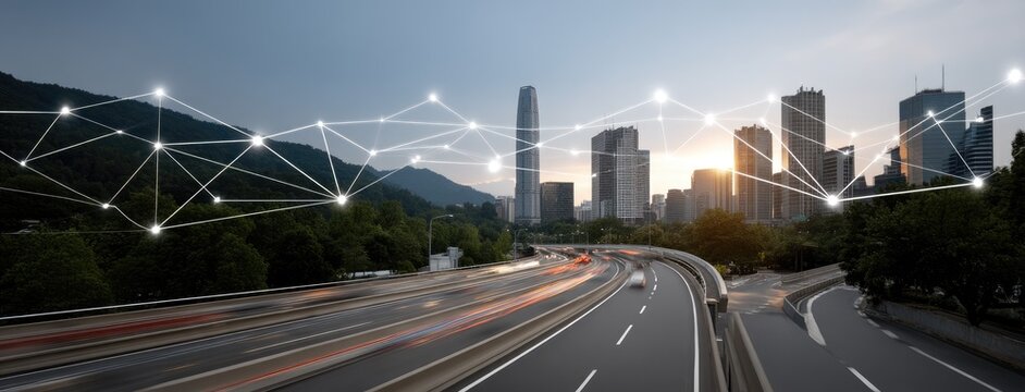 City skyline at sunset with traffic and digital network overlay showcasing modern technology and connectivity