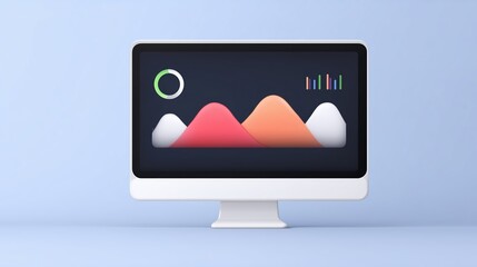 Computer monitor displaying colorful abstract data visualization with mountains and graphs on a soft blue background, showcasing modern digital design and technology concepts