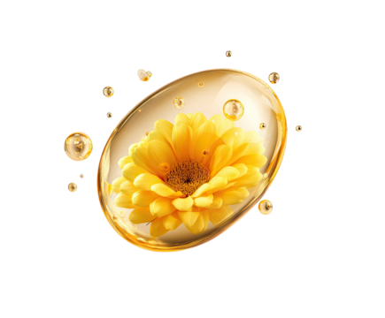 Yellow flower in a transparent golden capsule with bubbles