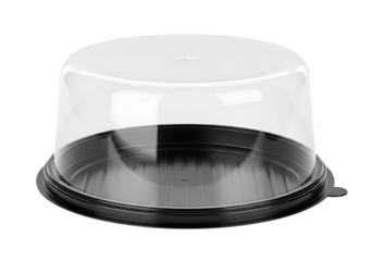 Clear plastic cake container with black base isolated on transparent background