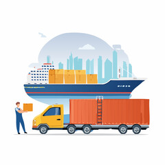 Naklejka premium Supply chain with cargo ship, goods truck. Warehouse worker unloading parcel box in transportation van. Global logistic, delivery, cargo transport concept. 