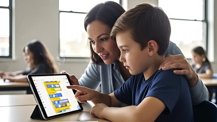 Dedicated teacher helps student with coding project on tablet in classroom setting - Powered by Adobe