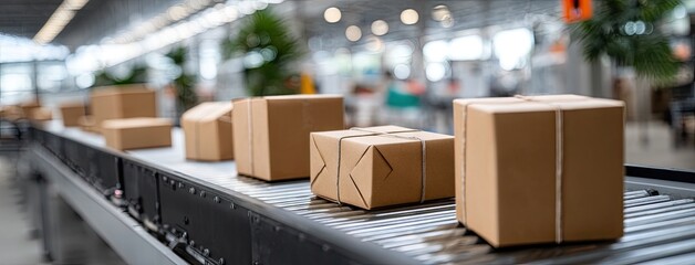 Conveyor belt transporting packages in a busy warehouse during the day
