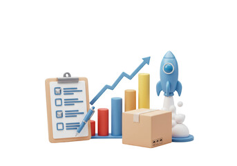 Business growth success checklist rocket launching shipping box and stock market chart transparent background