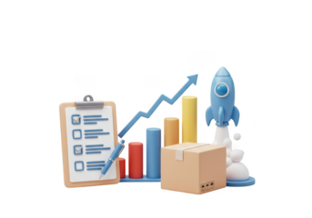 Business growth success checklist rocket launching shipping box and stock market chart transparent background