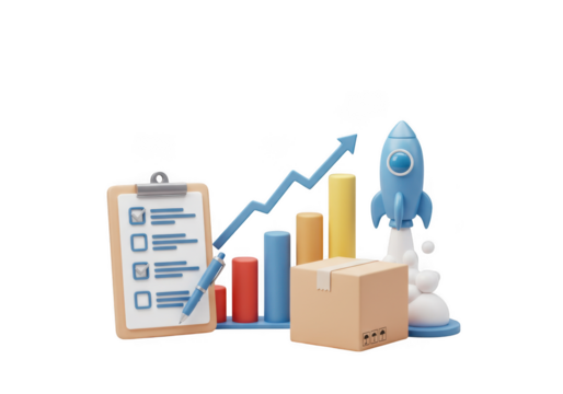 Business growth success checklist rocket launching shipping box and stock market chart transparent background