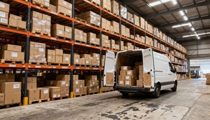 Boxes are being loaded and unloaded from a delivery van inside a large warehouse.