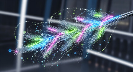 Digital winter: Abstract spruce branch with neon lights, sparks, snowflakes and futuristic design