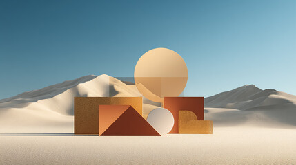 Abstract geometric shapes composition over a serene sand dunes landscape, minimalistic design, warm natural tones, high-resolution, modern art style, soft lighting, clean background