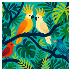 Cockatoos and Tropical Birds in Rainforest Canopy