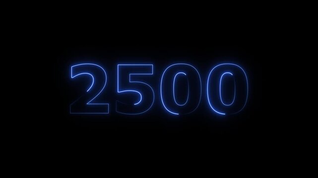 Abstract glowing neon countdown 2500 number animation background 4k video.