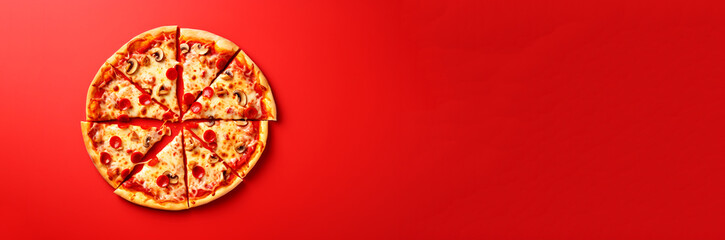 Delicious pepperoni and mushroom pizza on a vibrant red background, perfect for food ads, menus, and culinary stock photo/video content. Red pizza banner for design