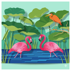 Obraz premium Tropical Wetland Birds – Flamingos and Heron in Lagoon