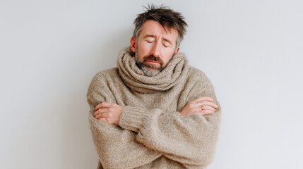 man wraps his arms around his shoulders embodying both exhaustion and satisfaction
