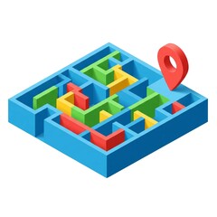 Fototapeta premium 3D isometric maze with location pin at exit, colorful clean 3D vector design, isolated, symbolizing navigation and exploration.