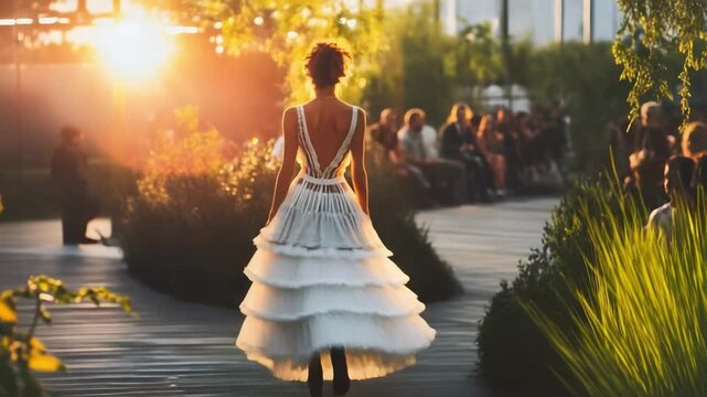 A woman in a white, tiered backless dress walks away on an outdoor runway as sunlight glows and spectators watch.