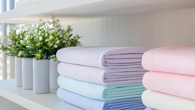Pastel-colored folded towels stacked on a white shelf in a bright store, with a small potted plant nearby.