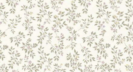 Delicate seamless floral pattern with small pink and grey flowers and green leaves on a cream background
