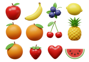 Ten vividly colored, smooth, glossy 3D rendered cartoon fruits, artfully arranged on a transparent, shadowless background with copy space. Concept of modern healthy eating iconography