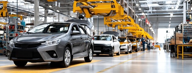 Cars being assembled on the production line in a modern automobile manufacturing facility