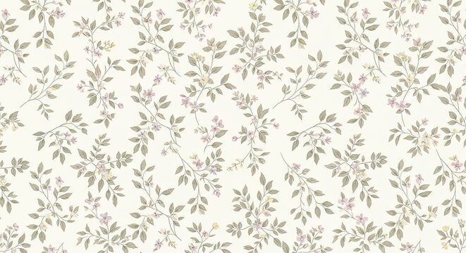 Delicate seamless floral pattern with small pink and grey flowers and green leaves on a cream background