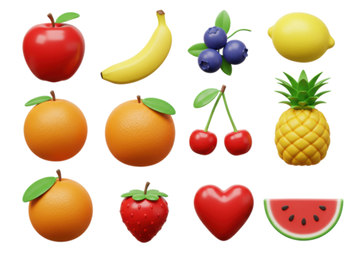 Ten vividly colored, smooth, glossy 3D rendered cartoon fruits, artfully arranged on a transparent, shadowless background with copy space. Concept of modern healthy eating iconography