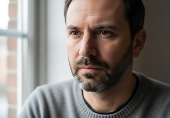 Fototapeta premium Man Contemplating, Serious Reflection, Thoughtful Gaze.
