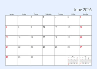 Wall calendar planner for June 2026. English language, week starts from Sunday.