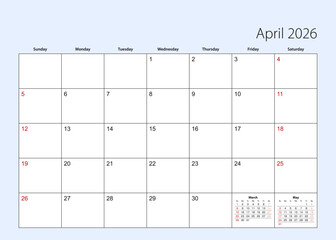 Wall calendar planner for April 2026. English language, week starts from Sunday.