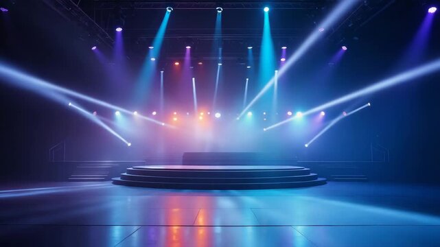 Empty stage dozens of bright projectors casting overlapping neon beams and patterns in vibrant colors soft volumetric fog 4K cinematic animation, modern abstract display concept
