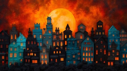 Mystical Cityscape with Glowing Full Moon and Vibrant Sky