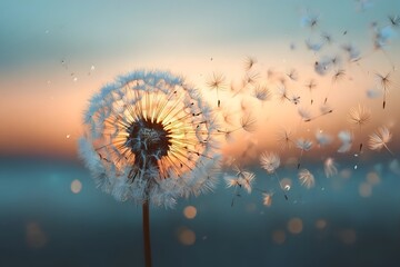 Naklejka premium Dandelion seeds blow in the sunset.