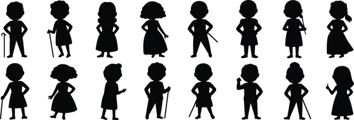 Character silhouette illustrations, diverse human icons, black and white clipart, lifestyle poses, role bundle set, vector pack