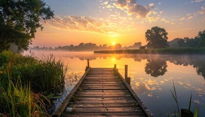 Obraz premium A tranquil wooden dock extends into a serene lake at sunrise, reflecting the vibrant sky and tranquil atmosphere.