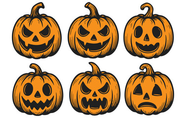 Halloween pumpkin jack o lantern faces collection isolated on transparent background, generative ai