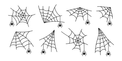 Halloween line silhouettes black line spiderweb or cobweb - for design decor. Set spider web with spiders, isolated on white background. Vector illustration, traditional Halloween decorative elements.