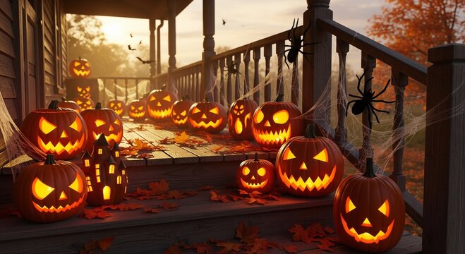 Atmospheric Halloween porch decor featuring glowing carved pumpkins, spider webs, and fall leaves under dusk light, evoking spooky yet inviting charm for seasonal ads, home decor inspiration, and fest
