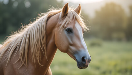 Fototapeta premium A golden horse with a flowing mane stands in a sunlit field, looking right. The soft lighting and greenery create a serene, peaceful atmosphere.