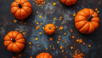 Bright orange pumpkins scattered across a dark surface with autumn leaves, creating a festive fall scene for seasonal celebrations Generative AI