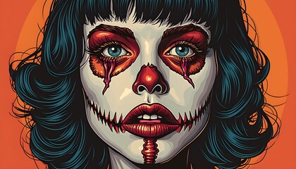 Unique clown art featuring a woman with vivid makeup and striking eyes, set against a bright orange background, showcasing her intense expression and artistic details Generative AI