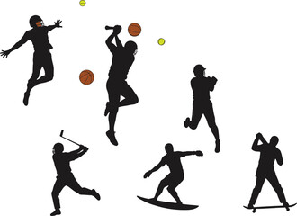 Silhouette illustration of athletes, sports action poses, basketball, football, baseball, hockey, surfing, golf, tennis, dynamic movement, energy
