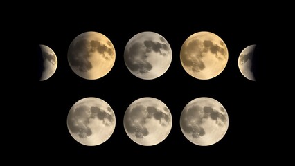 Obraz premium Five moon phases each depicting a unique scientific phenomenon artistically.